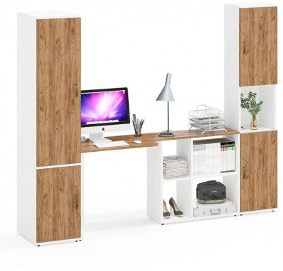 Лидер-8 Пенал МД 23Б + Стол + Пенал, цвет белый шагрень/крафт золото, ШхГхВ 245х50/30х75/190 или 155х120/50х75/190 см., НЕ универсальная сборка