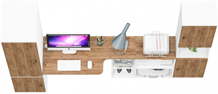 Лидер-8 Пенал МД 23Б + Стол + Пенал, цвет белый шагрень/крафт золото, ШхГхВ 245х50/30х75/190 или 155х120/50х75/190 см., НЕ универсальная сборка