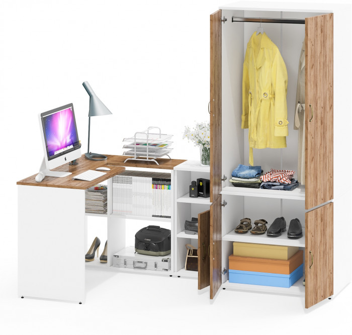 Лидер-8 Стол + Тумба МД 3.19 + Шкаф МД 19Б, цвет белый шагрень/крафт золото, ШхГхВ 285х50/37,5х75/190 или 115х200/50х75/190 см., НЕ ун. сборка