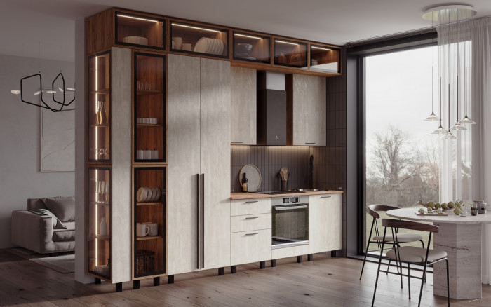 Кухня Рио NEW (металл) 3,2/1260м (490), компоновка №7, Крафт золотой/Шелковый камень
