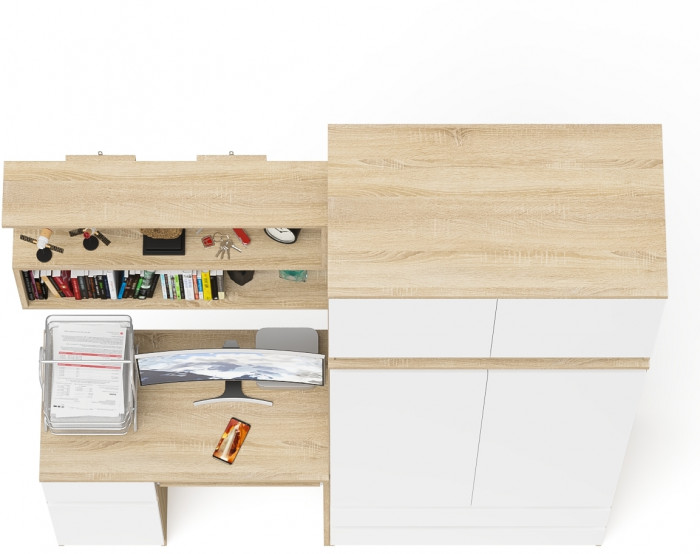 Мори компьютерный стол МС-1 левый + Шкаф МШ900.1 + Антресоль МА900.1 + Полка 900, дуб сонома/белый