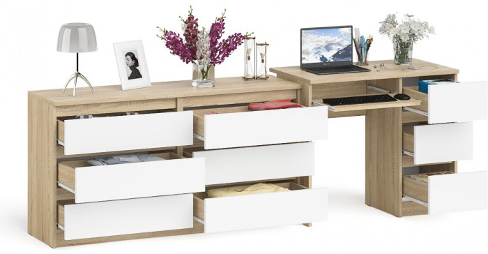 Мори Стол компьютерный МС-6 правый + Комод МК1380.6, цвет дуб сонома/белый, ШхГхВ 228х50х76,6 см., выдвижные ящики справа, НЕ универсальная сборка