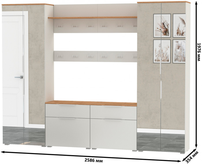 Октава Прихожая 36, цвет белый шагрень/дуб крафт золотой/фасады МДФ белый шагрень, ШхГхВ 258,6х35,4х197,6 см., универсальная сборка