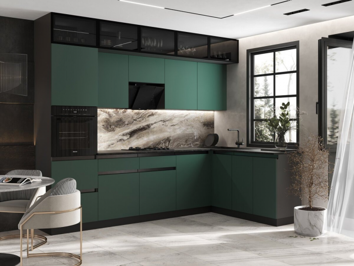 Кухня Техно-6 3,0х1,8м Графит/Браш Мени Грин