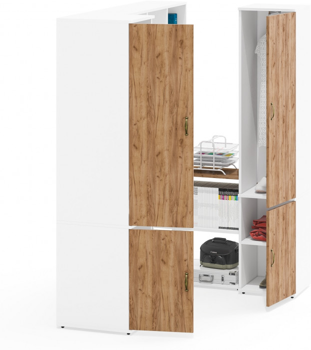 Лидер-8 Пенал МД 23Б + Стол + Полка + Пенал 21Б, цвет белый шагрень/крафт золото, ШхГхВ 245х50х190 или 155х120/50х75/190 см., НЕ универсальная сборка