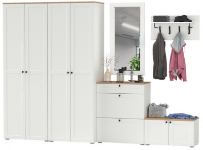 Остин Прихожая 48, цвет белый шагрень/дуб крафт золотой, ШхГхВ 320х54,3х229,6 см., универсальная сборка