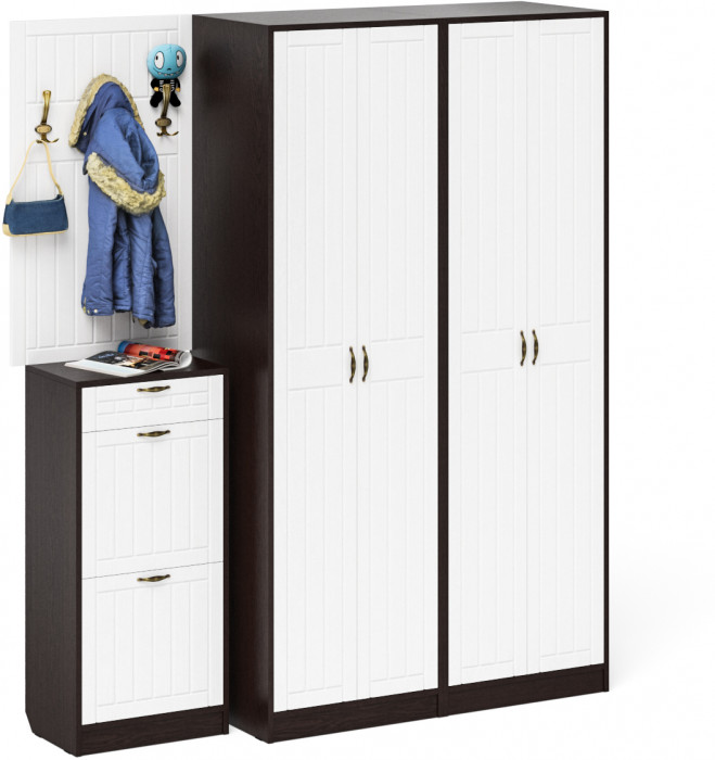 Прихожая П-6 Компоновка № 15, цвет венге/фасады МДФ белое дерево фрезеровка прованс, ШхГхВ 180х50х210 см., универсальная сборка