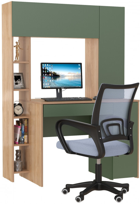 Стол компьютерный Комфорт 12.71 + кресло 103 серое, цвет гикори рокфорд натуральный/дымчатый зелёный, ШхГхВ 116,7х60,2х165,4 см., НЕ ун. сборка