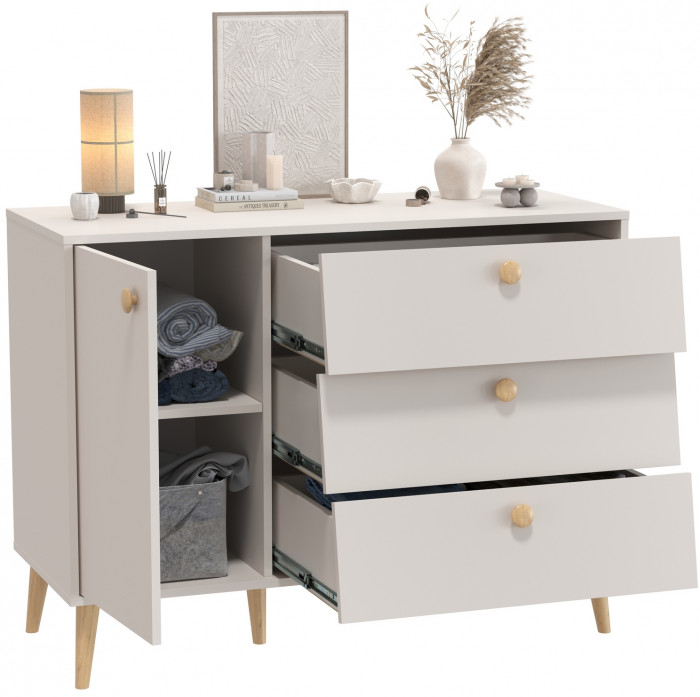 Афина Спальня 4-44901М1к.с. Комод с дверкой и тремя ящиками, цвет кашемир серый, ШхГхВ 110х45,3х83 см., универсальная сборка, цвет ножек: тик