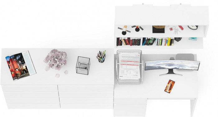 Мори Стол компьютерный МС-1 левый + Комод МК1200.8 + Полка 900, цвет белый, ШхГхВ 210,4х50х209,6 см., НЕ универсальная сборка