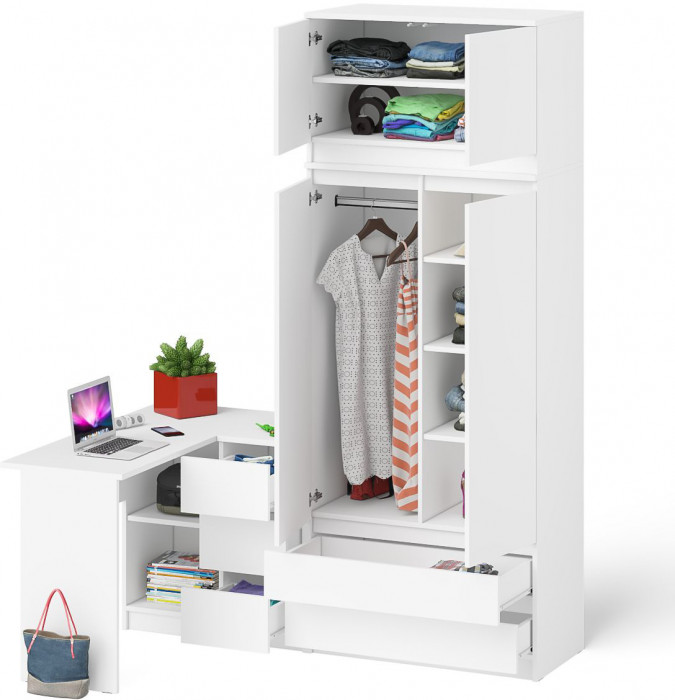 Мори Стол компьютерный МС-16 правый + Шкаф МШ900.1 + Антресоль МА900.1, цвет белый, ШхГхВ 214,8х84,9х234,2 см., выдвижные ящики справа, НЕ универ. сб.