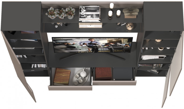 Сидней Комплектация № 067, цвет корпус: антрацит/фасады: МДФ веллюто капучино, ШхГхВ 229,9х41,3х205,2 см., ниша для ТВ 129х41х90 см., универс. сборка