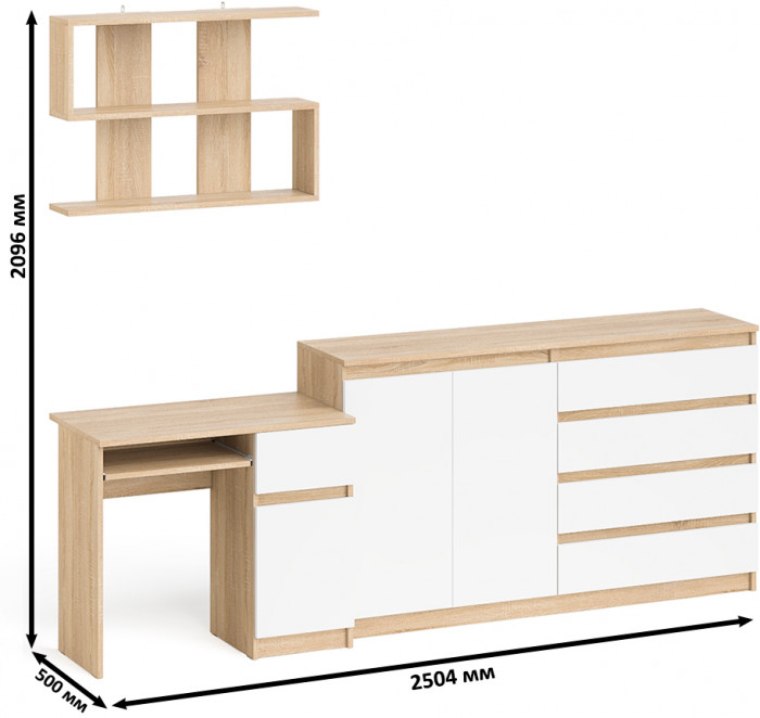 Мори компьютерный стол МС-1 левый + Комод МК1600.1 + Полка 900, дуб сонома/белый