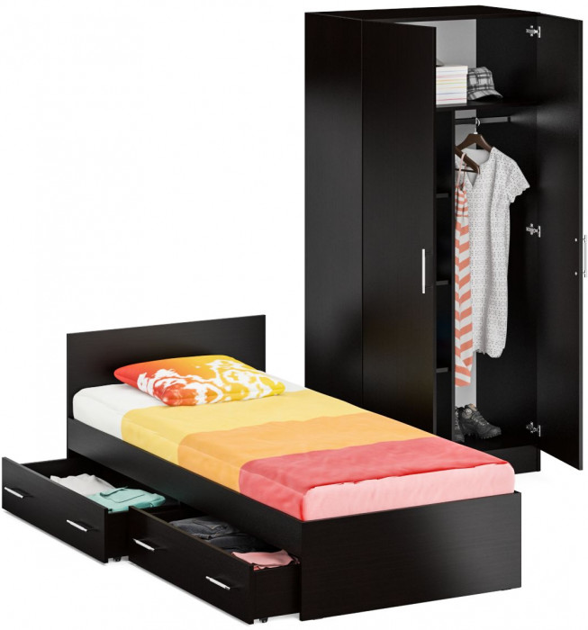 Кровать с ящиками 0900 + Шкаф 2-х створчатый Стандарт, цвет венге, ШхГхВ 93,5х203,5х70 + 90х52х200 см., сп.м. 900х2000 мм., б/м, основание есть