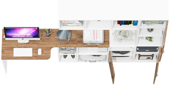 Лидер-8 Стол + Полка + Тумба МД 3.19 + Пенал, цвет белый шагрень/крафт золото, ШхГхВ 245х50/30х75/190 или 160х115/30х75/190 см., НЕ универс. сб.