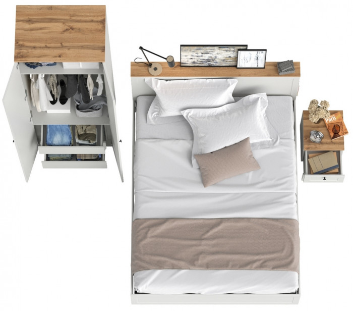 Остин 11.53 Кровать + ортопед + 13.336.02 Шкаф для одежды + 16.152 Тумба прикроватная, белый шагрень/дуб крафт золотой