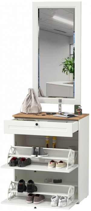 Остин 16.121 Тумба для обуви + 17.03 Зеркало, цвет белый шагрень/дуб крафт золотой, ШхГхВ 80х41,6х229 см.