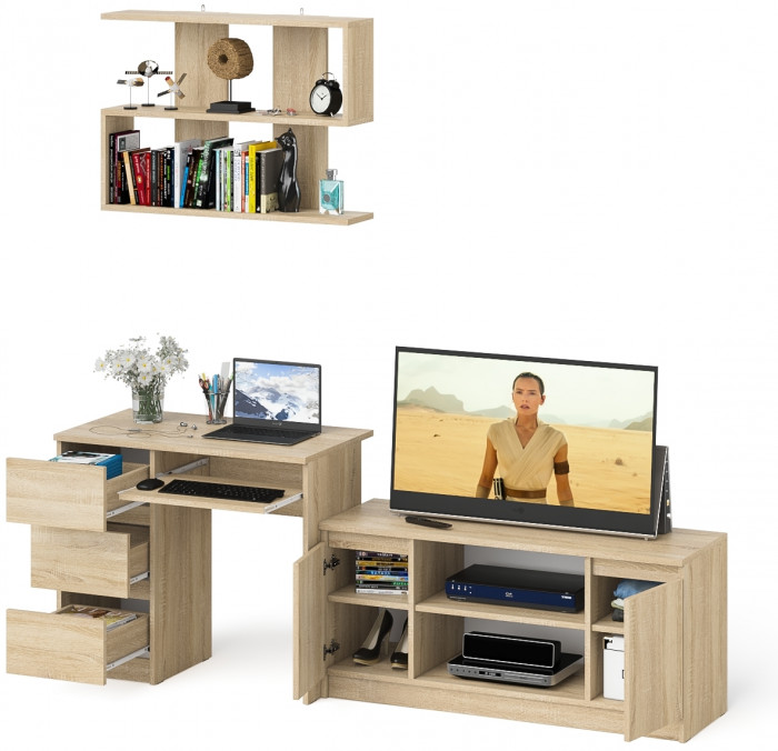 Мори компьютерный стол МС-6 левый + Тумба МТВ1200.1 + Полка 900, дуб сонома
