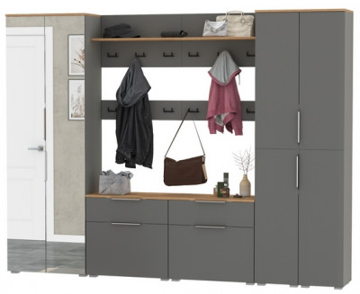 Октава Прихожая 37, цвет серый графит/дуб крафт золотой/фасады МДФ серый графит, ШхГхВ 258,6х35,4х197,6 см., универсальная сборка