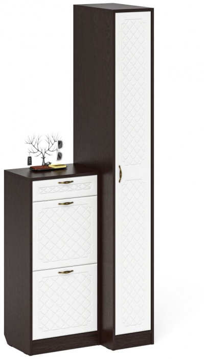 Прихожая П-6 Компоновка № 42, цвет венге/фасады МДФ белое дерево фрезеровка ромб, ШхГхВ 80х50х210 см., универсальная сборка