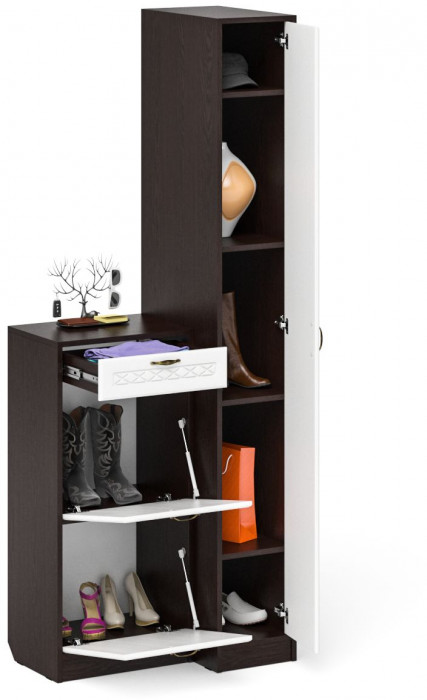 Прихожая П-6 Компоновка № 42, цвет венге/фасады МДФ белое дерево фрезеровка ромб, ШхГхВ 80х50х210 см., универсальная сборка