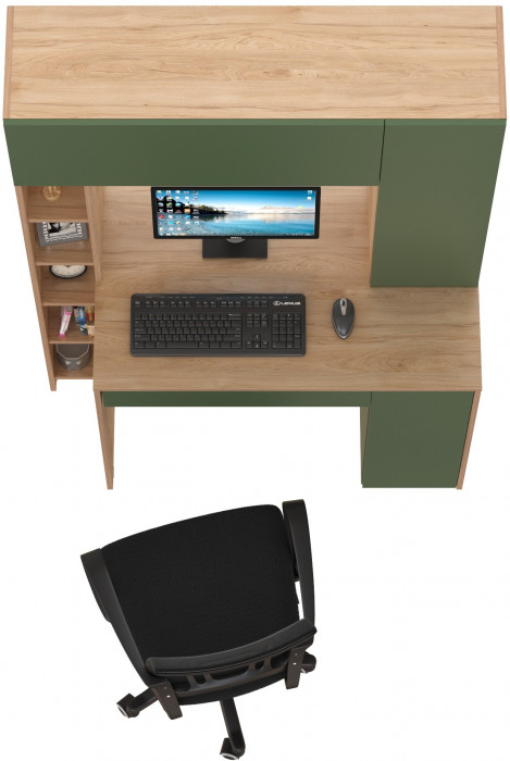 Стол компьютерный Комфорт 12.71 + кресло 103 чёрное, цвет гикори рокфорд натуральный/дымчатый зелёный, ШхГхВ 116,7х60,2х165,4 см., НЕ ун. сборка