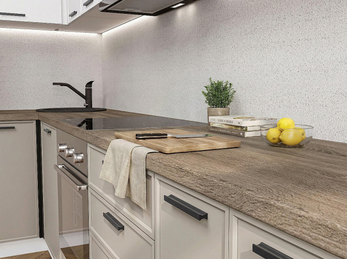 Кухонный гарнитур Фрейм-02, МДФ, 220 см, Графит/Глиняный шелк (Песчаный камень глянец)