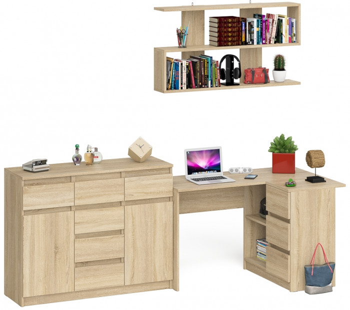 Мори компьютерный стол МС-16 правый + Комод МК1200.4 + Полка 1200, дуб сонома