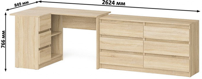 Мори Стол компьютерный МС-16 левый + Комод МК1380.6, цвет дуб сонома, ШхГхВ 262,4х84,9х76,6 см., выдвижные ящики слева, НЕ универсальная сборка