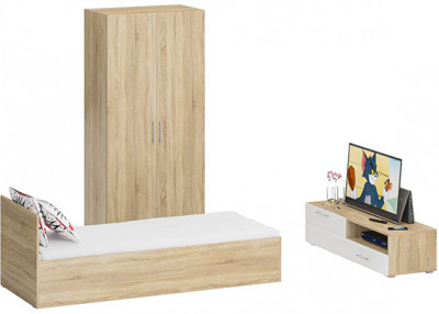 Спальня Стандарт 3-0800, дуб сонома/фасады ТВ тумбы МДФ белый глянец