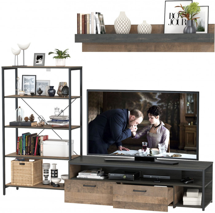 Трувор 13.70 Тумба под ТВ + 13.151.01 Стеллаж + 15.60 Полка, дуб гранж песочный/интра