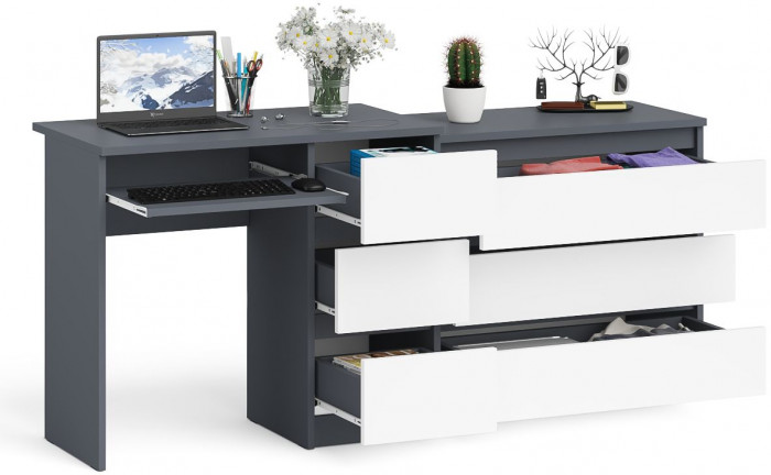 Мори компьютерный стол МС-6 правый + Комод МК800.1, графит/белый