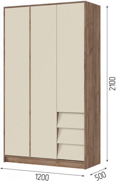 РЕЙН ШК 02 Шкаф 3-х створчатый (1200х2100х500) Фасад КАШЕМИР/Корпус ДУБ КРАФТ ТАБАЧНЫЙ