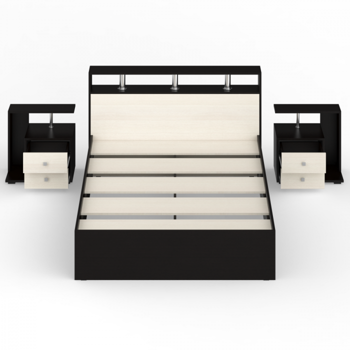 Камелия Кровать 1400 + две тумбы, цвет венге/дуб лоредо, ШхГхВ 256х217х78,2 см., сп.м. 1400х2000 мм., без матраса, основание есть