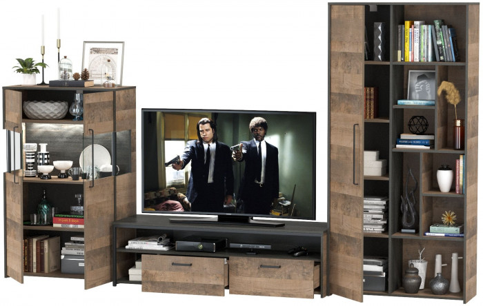 Трувор Гостиная 062, цвет дуб гранж песочный/интра, ШхГхВ 328,6х45,4х194,2 см., универсальная сборка