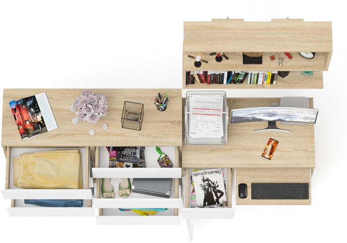 Мори Стол компьютерный МС-1 левый + Комод МК1200.8 + Полка 900, цвет дуб сонома/белый, ШхГхВ 210,4х50х209,6 см., НЕ универсальная сборка