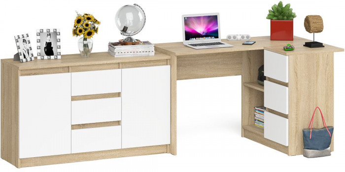 Мори Стол компьютерный МС-16 правый + Комод МК1200.3, цвет дуб сонома/белый, ШхГхВ 244,8х84,9х76,6 см., выдвижные ящики справа, НЕ универс. сборка
