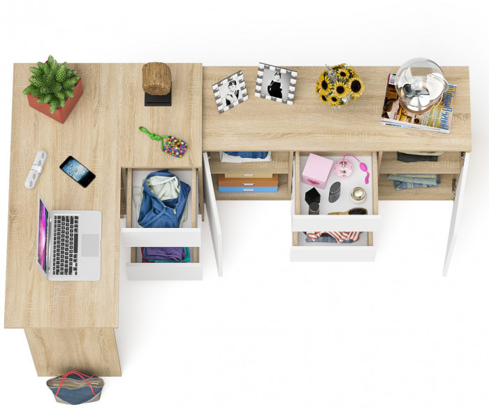 Мори Стол компьютерный МС-16 правый + Комод МК1200.3, цвет дуб сонома/белый, ШхГхВ 244,8х84,9х76,6 см., выдвижные ящики справа, НЕ универс. сборка