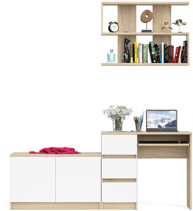 Мори Стол компьютерный МС-6 левый + Тумба МА900.1 + Полка 900, цвет дуб сонома/белый, ШхГхВ 180,4х50,4х209,6 см., НЕ универсальная сборка
