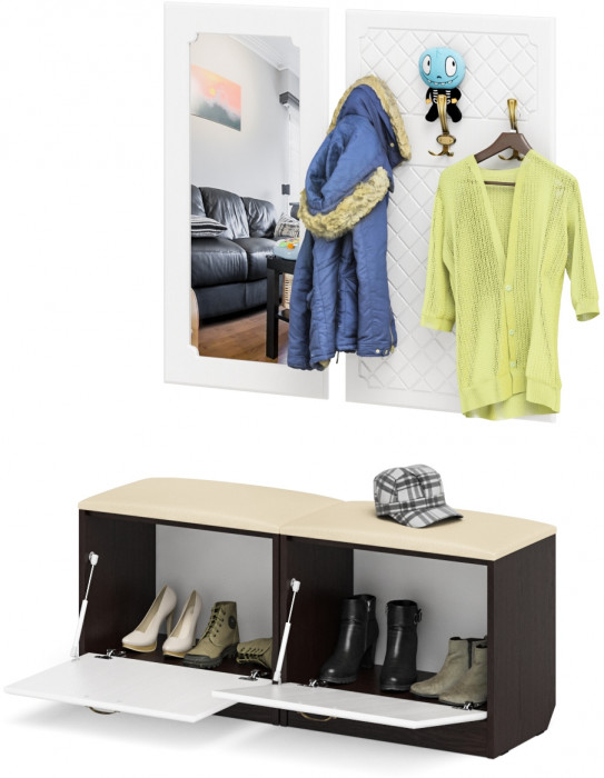 Прихожая П-6 Компоновка № 02, цвет венге/фасады МДФ белое дерево фрезеровка ромб, ШхГхВ 120х35х200 см.