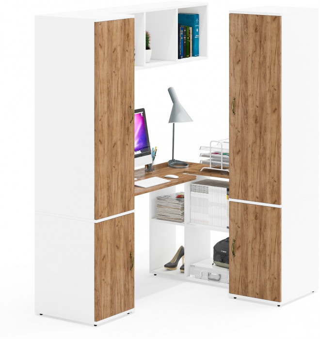 Лидер-8 Стол + Полка + Пенал МД 23Б + Пенал МД 23Б, белый шагрень/крафт золото