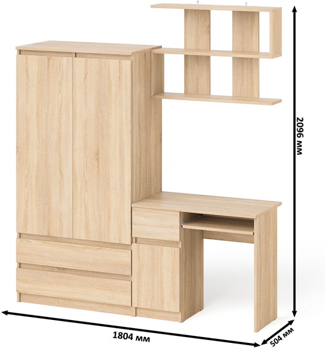 Мори компьютерный стол МС-1 левый + Шкаф МШ900.1 + Полка 900, дуб сонома