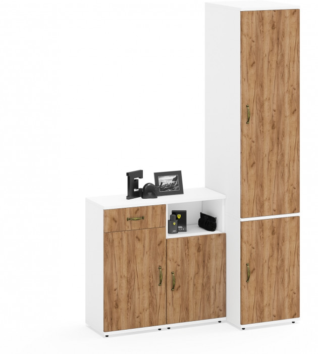 Лидер-8 Пенал МД 23Б + Тумба МД 3.15 + Тумба МД 3.19, цвет белый шагрень/крафт золото, ШхГхВ 120х50х190 см., универсальная сборка