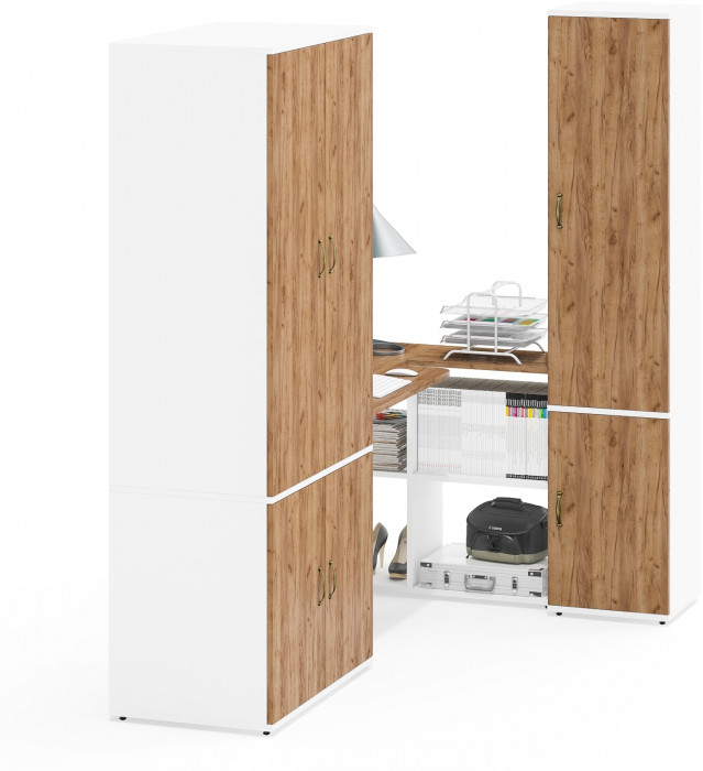 Лидер-8 Шкаф МД 19Б + Стол + Пенал 21Б, цвет белый шагрень/крафт золото, ШхГхВ 285х50/37,5х75/190 или 195х120х75/190 см., НЕ ун.сб.