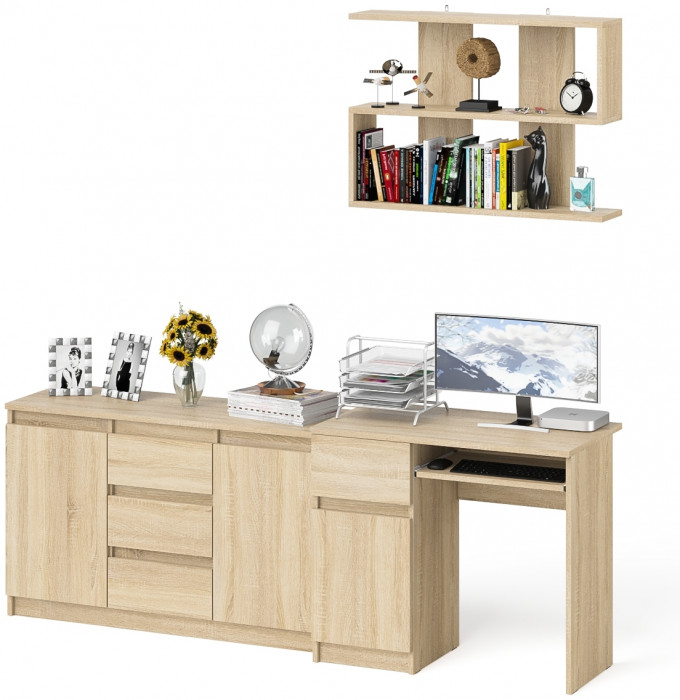 Мори Стол компьютерный МС-1 левый + Комод МК1200.3 + Полка 900, цвет дуб сонома, ШхГхВ 210,4х50х209,6 см., НЕ универсальная сборка