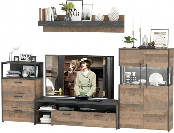 Трувор Гостиная 065, цвет дуб гранж песочный/интра, ШхГхВ 301,6х45,4х195 см., универсальная сборка