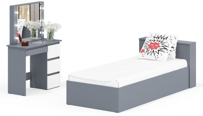 Ксения Кровать с ящиками 0900 + Стол косметический с подсветкой Сура, графит/белый