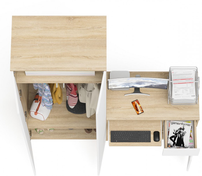 Мори компьютерный стол МС-1 правый + Шкаф МШ800.1, дуб сонома/белый