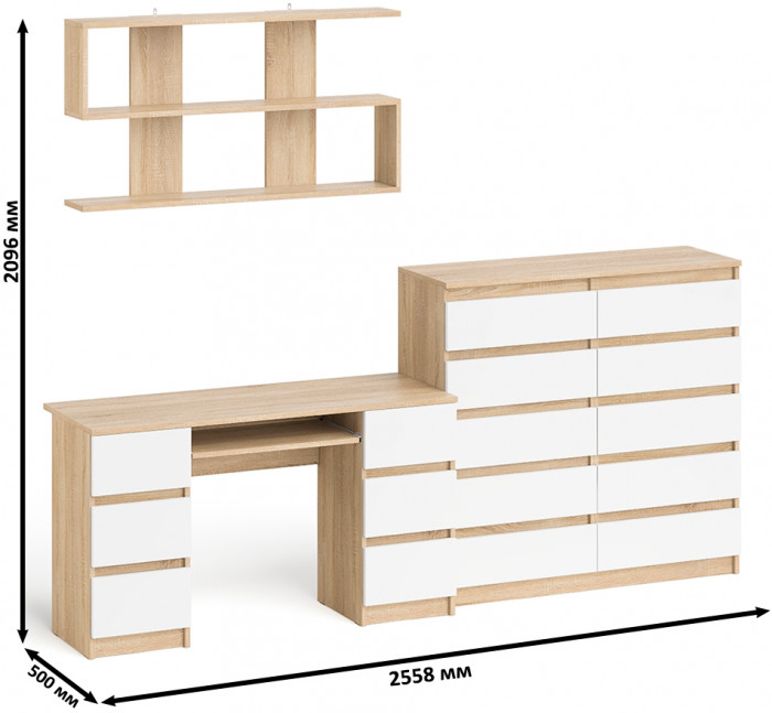 Мори компьютерный стол МС-2 + Комод МК1200.10 + Полка 1200, дуб сонома/белый