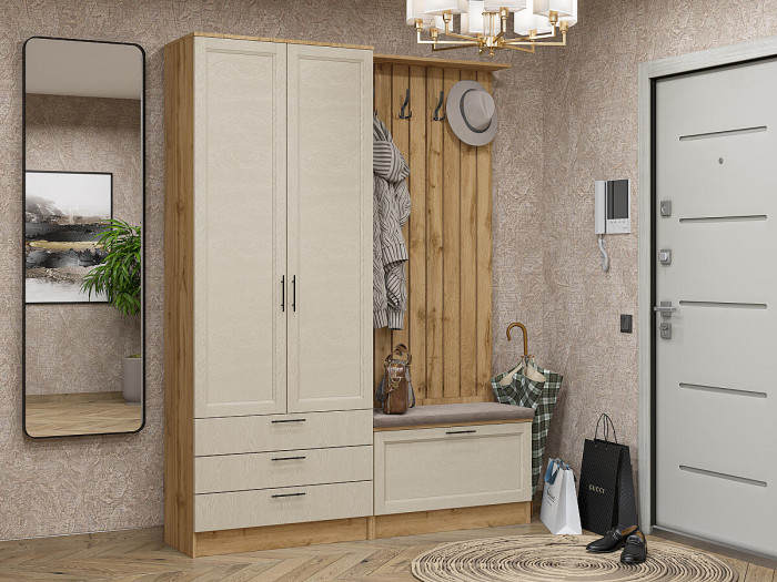 Прихожая Стиль-03 Сканди, Вотан/Кремовый шелк, 160×38×211 см